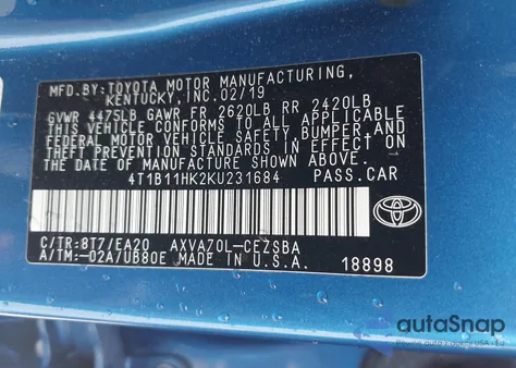 2019 Toyota Camry Se from USA, damaged, VIN 4T1B11HK2KU231684